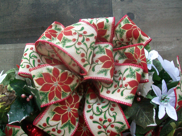Christmas Olive Red White Poinsettia Mesh Wreath