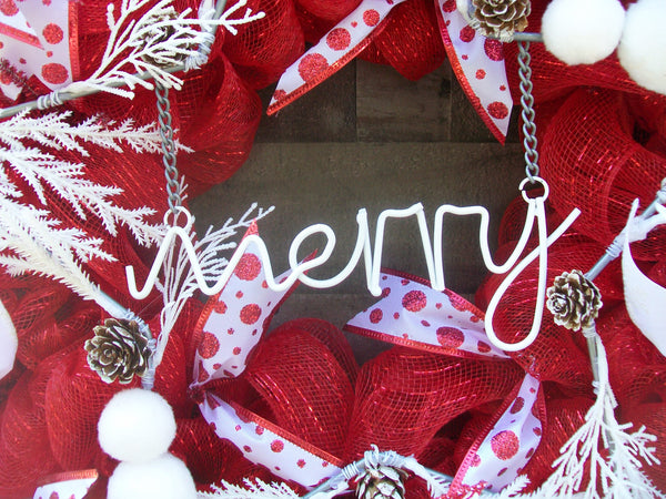 Christmas Red White Star Holiday Mesh Front Door Wreath