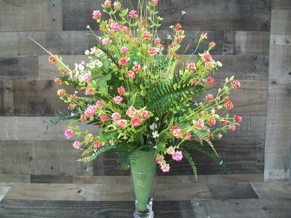Large Spring Pink Floral Arrangement on Styrofoam Cone for Cemetery Gravesite