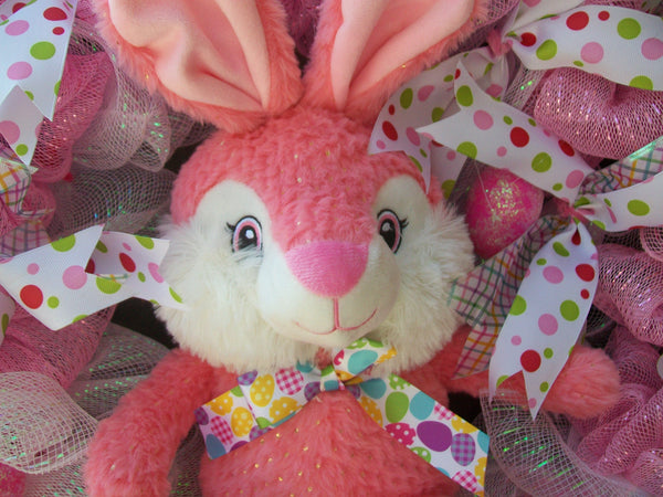 Easter Spring Bunny Rabbit Pink Deco Mesh Front Door Wreath