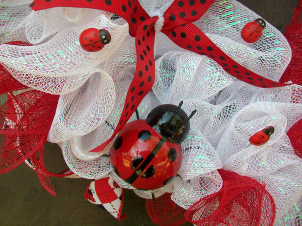 Spring Ladybug Red Black White Mesh Wreath with Large Bow