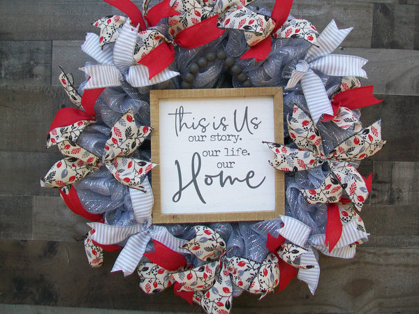 All Occasion Spring Red Gray Silver White Mesh Front Door Wall Mantle Wreath