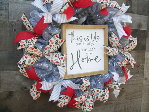 All Occasion Spring Red Gray Silver White Mesh Front Door Wall Mantle Wreath