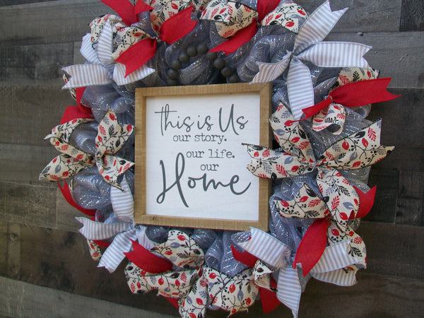 All Occasion Spring Red Gray Silver White Mesh Front Door Wall Mantle Wreath
