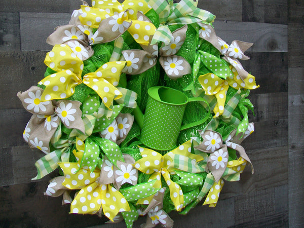 Bright Lime Green Yellow Spring Front Door Wreath with Watering Can