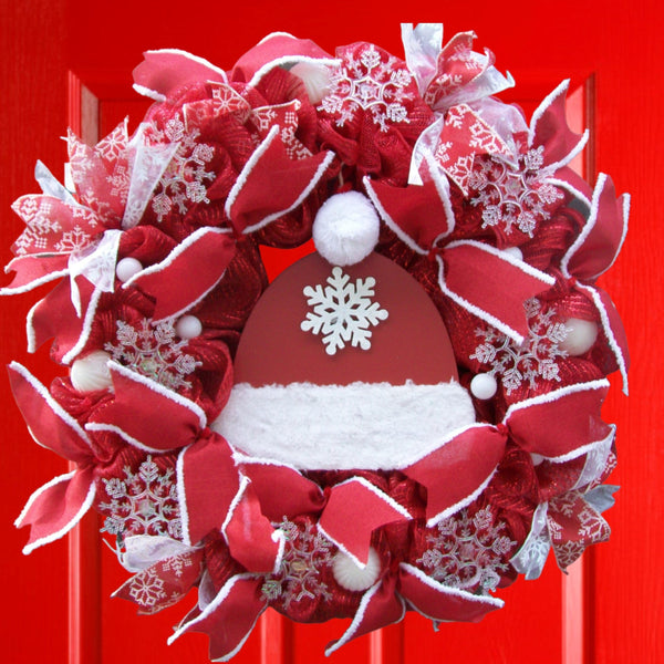 Red & White Snowflake Christmas Wreath with Wooden Red Hat Trimmed in White Fur