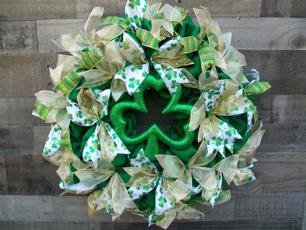 Green & Gold St. Patrick's Day Spring Shamrock Deco Mesh Front Door Wreath