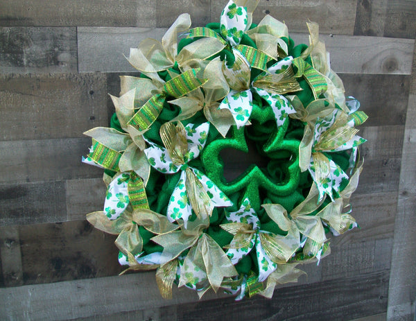 Green & Gold St. Patrick's Day Spring Shamrock Deco Burlap Front Door Wreath