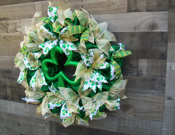 Green & Gold St. Patrick's Day Spring Shamrock Deco Burlap Front Door Wreath