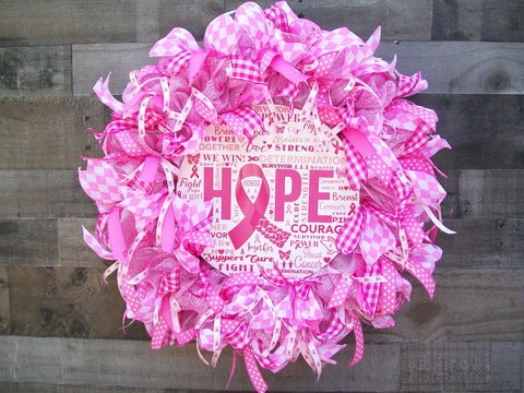 Pink Breast Cancer Awareness Mesh Front Door Wreath