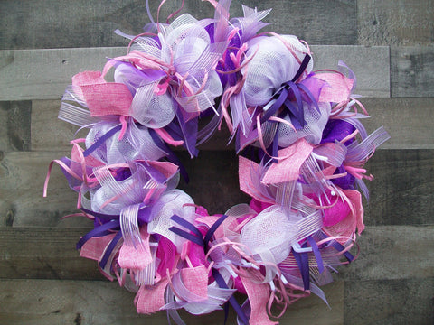 Multicolored Spring Deco Mesh Wreath with Pink Burlap Ribbon