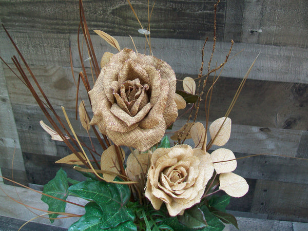 Beige Burlap Rose  Everyday Silk Floral Arrangement All Occasion Centerpiece