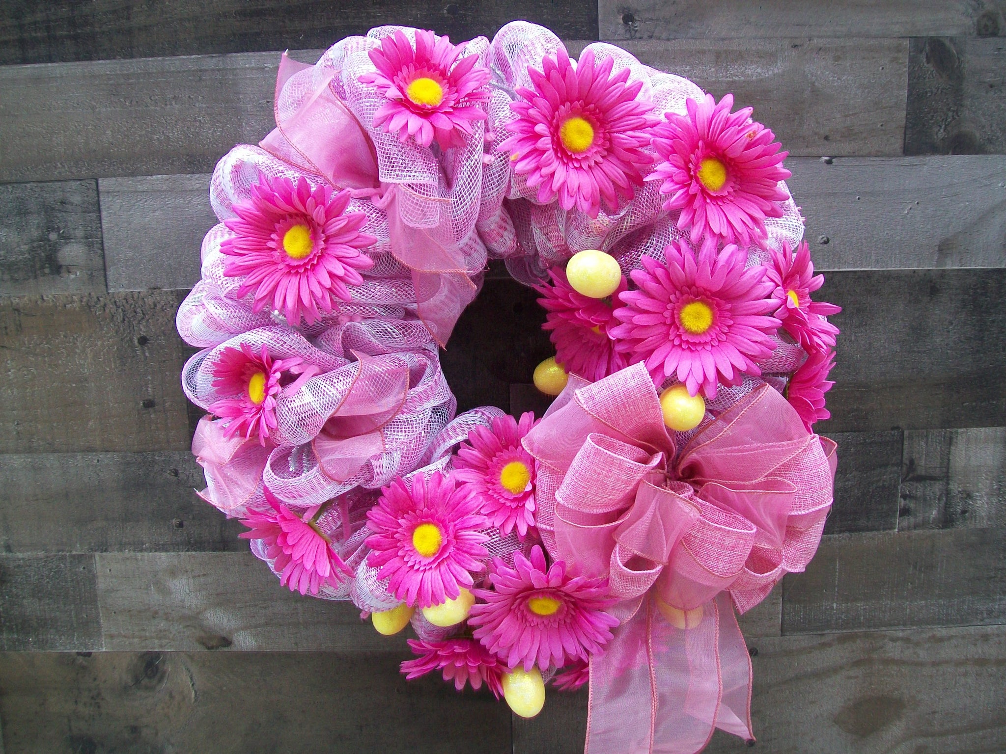 Gerber Daisy Easter Egg Pink Spring Wreath with Large Bow