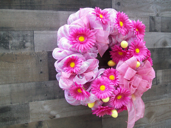 Gerbera Daisy Easter Egg Pink Spring Wreath with Large Bow