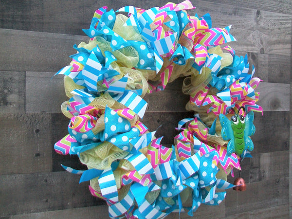 Spring Mesh Butterfly Turquoise Yellow Chevron Ribbon Multicolor Front Door Wall Wreath
