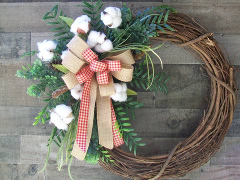 Country Farmhouse Grapevine Wreath Cotton  Checkered & Natural Ribbon Bow