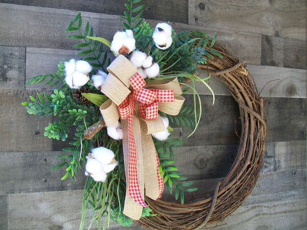 Country Farmhouse Grapevine Wreath Cotton  Checkered & Natural Ribbon Bow