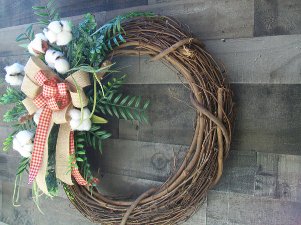 Country Farmhouse Grapevine Wreath Cotton  Checkered & Natural Ribbon Bow