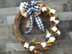 Country Farmhouse Grapevine Cotton Buffalo Plaid Burlap Wreath