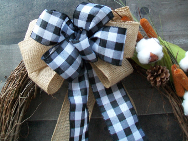 Country Farmhouse Grapevine Cotton Buffalo Plaid Burlap Wreath