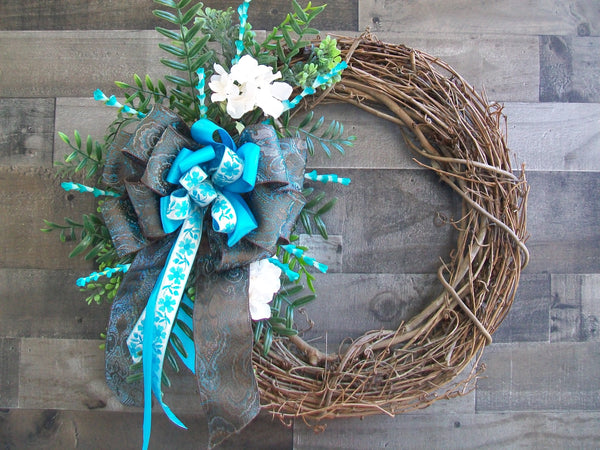 Turquoise Brown Grapevine Front Door All Occasion Wreath