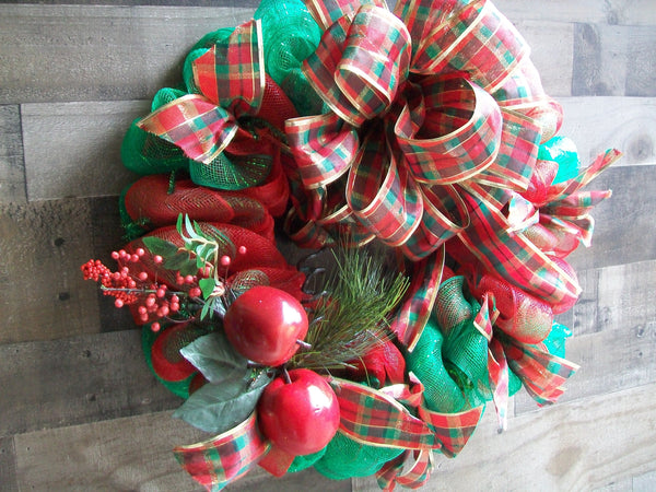 Red Green Mesh Christmas Wreath with Apples and Plaid Bow
