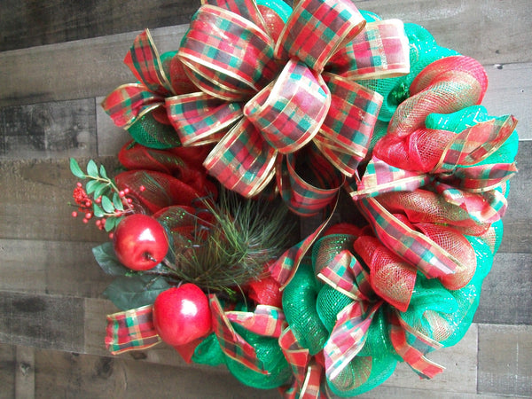 Red Green Mesh Christmas Wreath with Apples and Plaid Bow