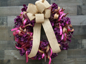 Spring All Occasion Purple Pink Mesh Wreath with Hydrangeas and Burlap Bow