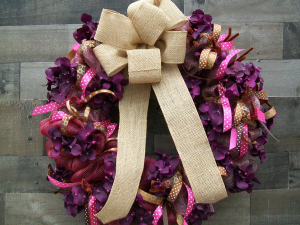 Spring All Occasion Purple Pink Mesh Wreath with Hydrangeas and Burlap Bow