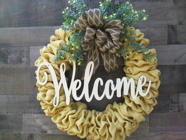Welcome Country Farmhouse Yellow Burlap Round Front Door Wreath