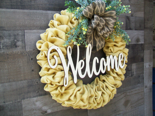 Welcome Country Farmhouse Yellow Burlap Round Front Door Spring Wreath