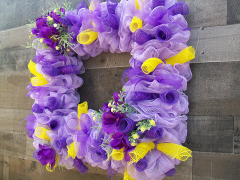 Square Diamond Lavender Yellow Mesh Spring Wreath with Flowers