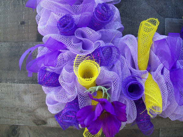Square Diamond Lavender Yellow Mesh Spring Wreath with Flowers