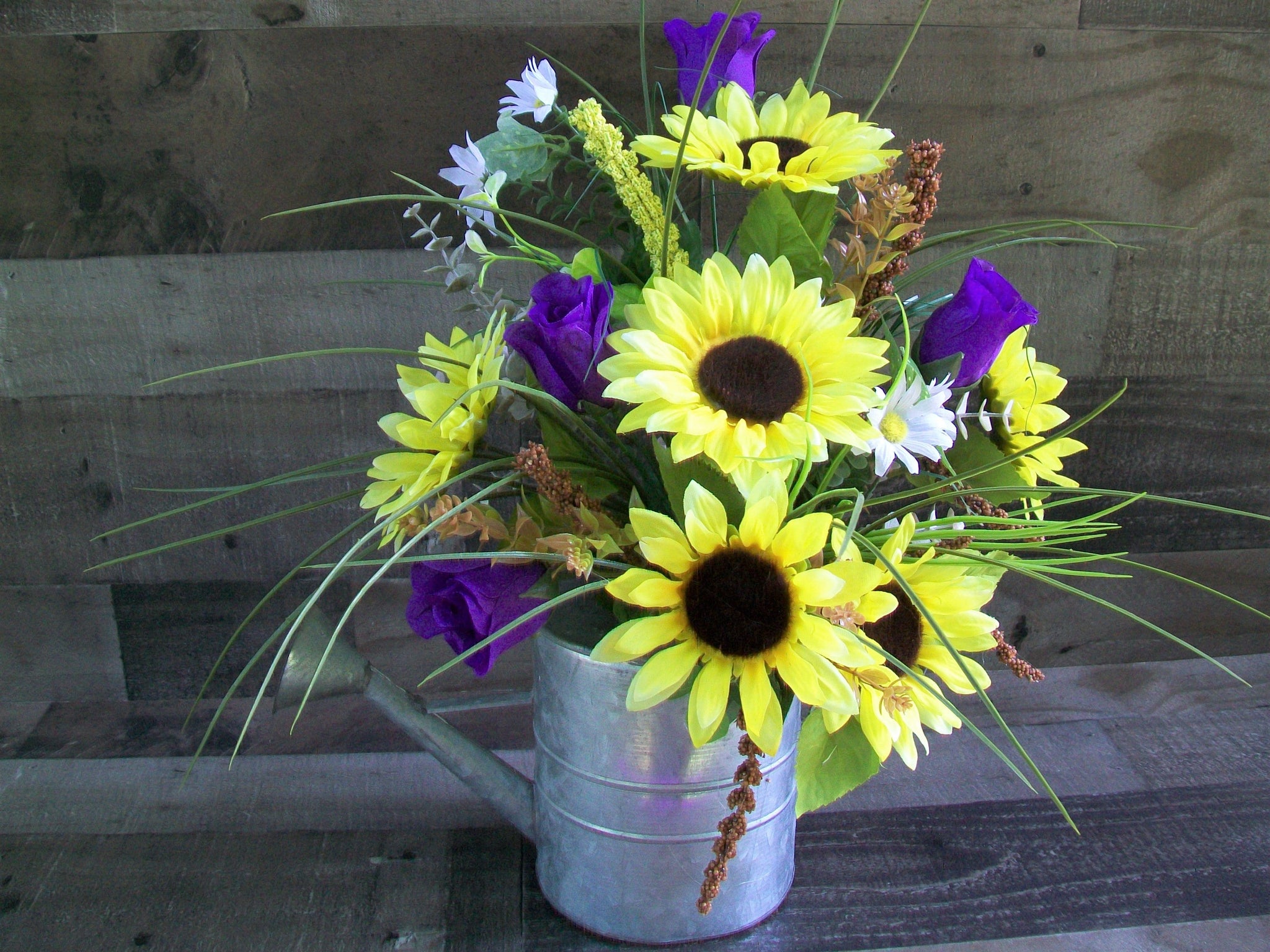Spring Country Farmhouse Sunflower Floral Arrangement in Rustic Silver Watering Can