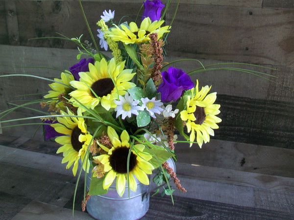 Spring Country Farmhouse Sunflower Floral Arrangement in Rustic Silver Watering Can