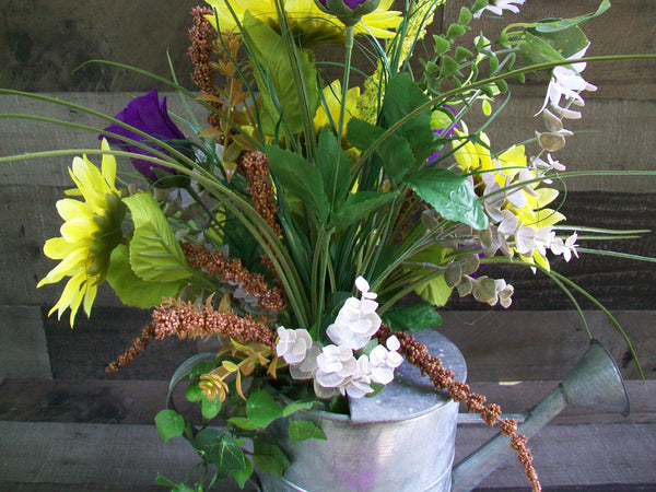 Spring Country Farmhouse Sunflower Floral Arrangement in Rustic Silver Watering Can