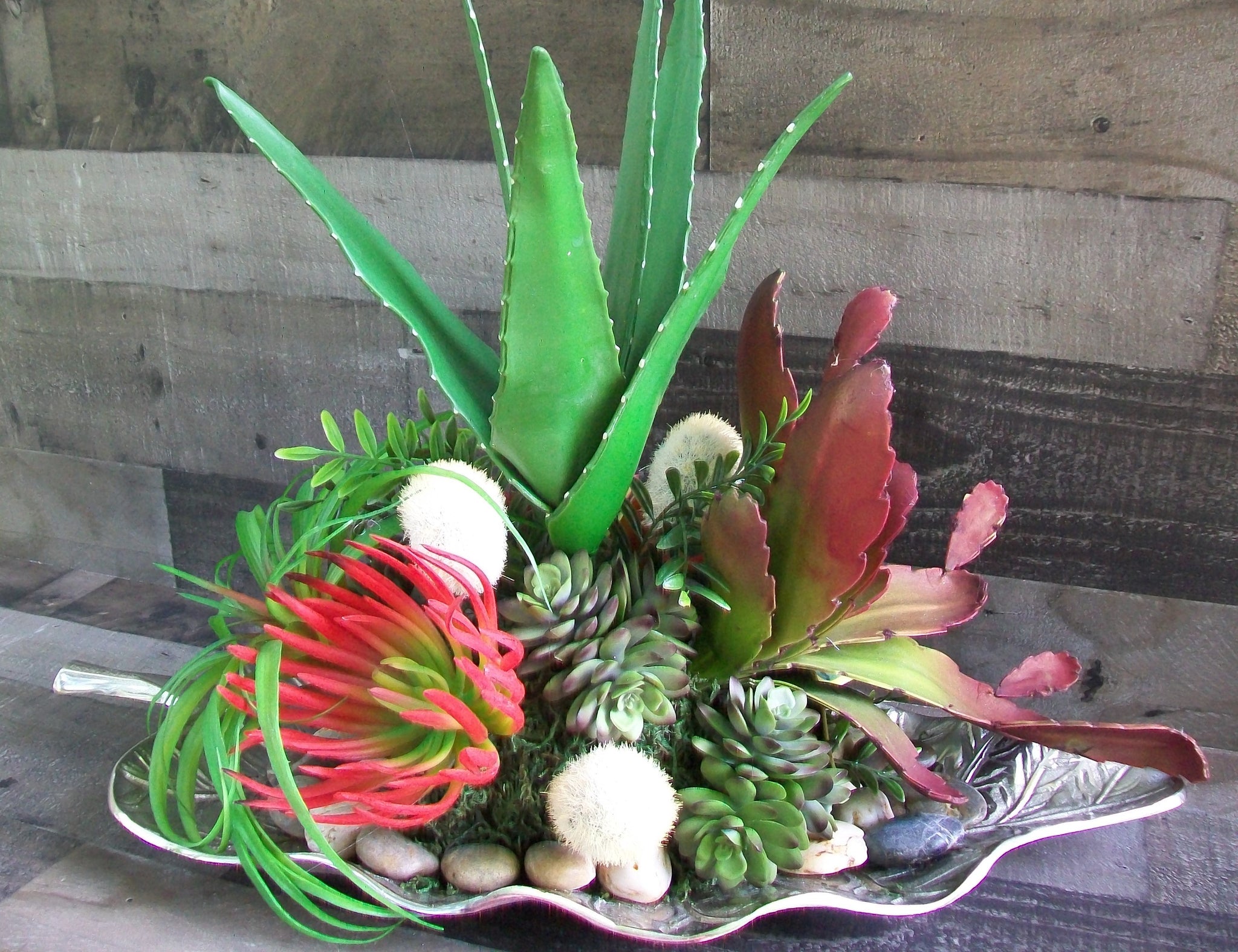 Extra Large Faux Succulent Floral Arrangement on Silver Glass Leaf