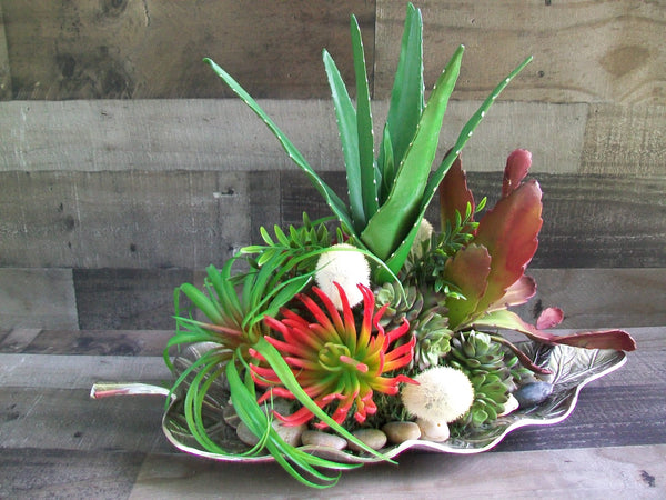 Extra Large Faux Succulent Floral Arrangement on Silver Glass Leaf