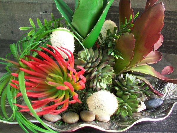 Extra Large Faux Succulent Floral Arrangement on Silver Glass Leaf