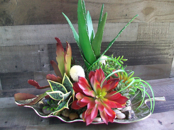 Extra Large Faux Succulent Floral Arrangement on Silver Glass Leaf