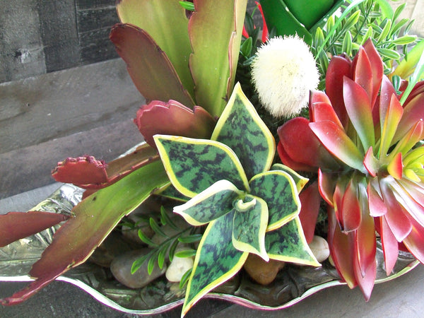 Extra Large Faux Succulent Floral Arrangement on Silver Glass Leaf