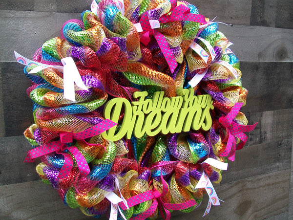 Follow Your Dreams Mesh Colorful Rainbow Front Door Wall Room Wreath