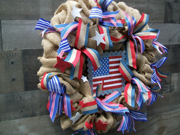 Patriotic Americana 4th of July Memorial Day Burlap Wreath