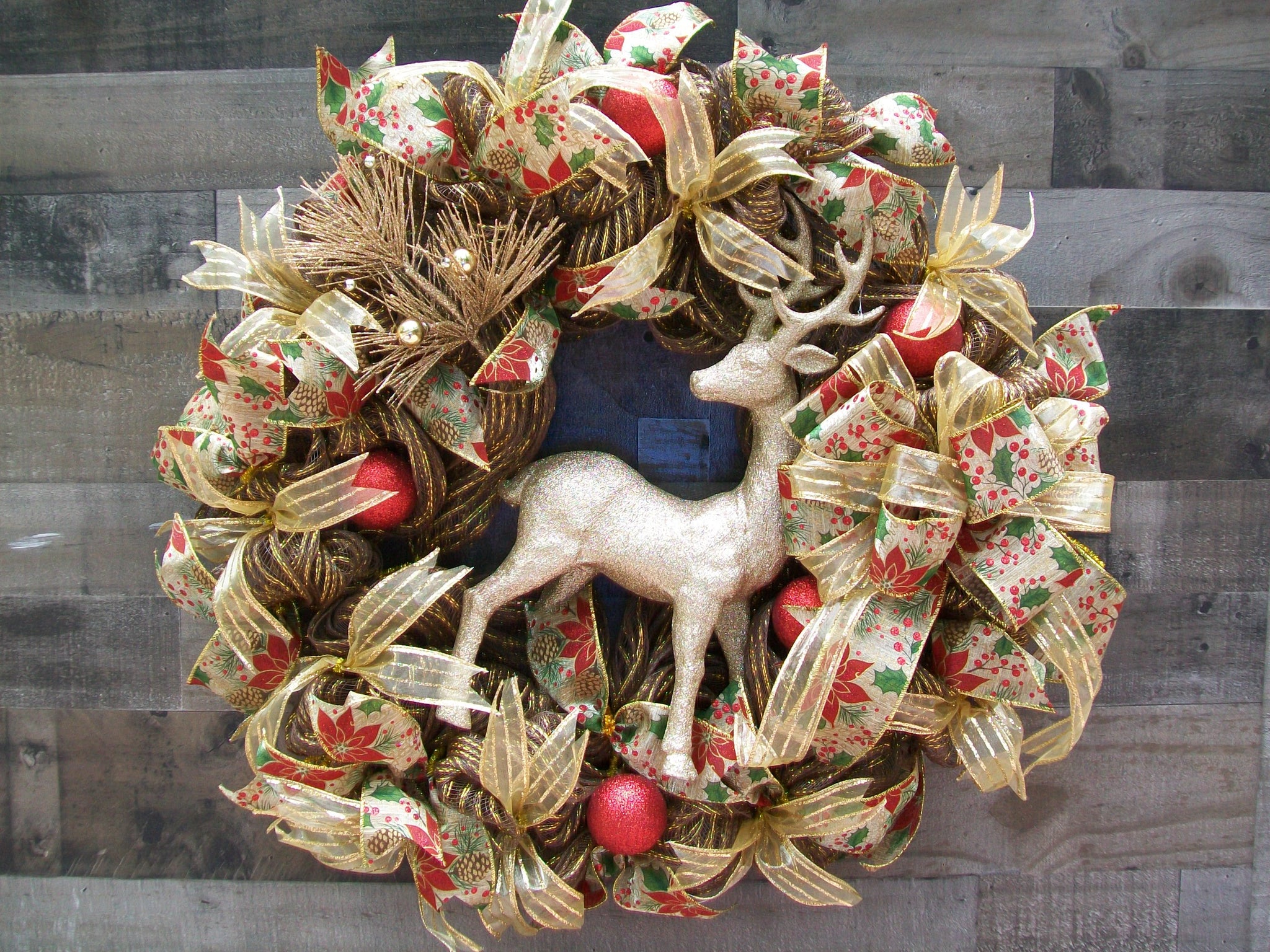 Christmas Holiday Red Gold Deer Mesh Front Door Mantle Wreath