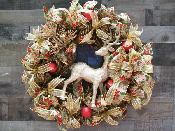 Christmas Holiday Red Gold Deer Mesh Front Door Mantle Wreath