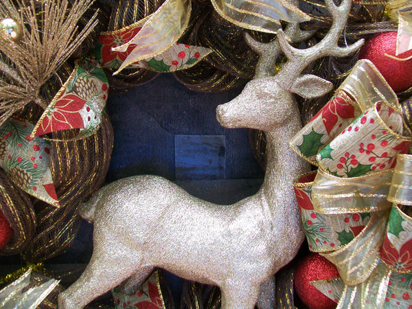 Christmas Holiday Red Gold Deer Mesh Front Door Mantle Wreath