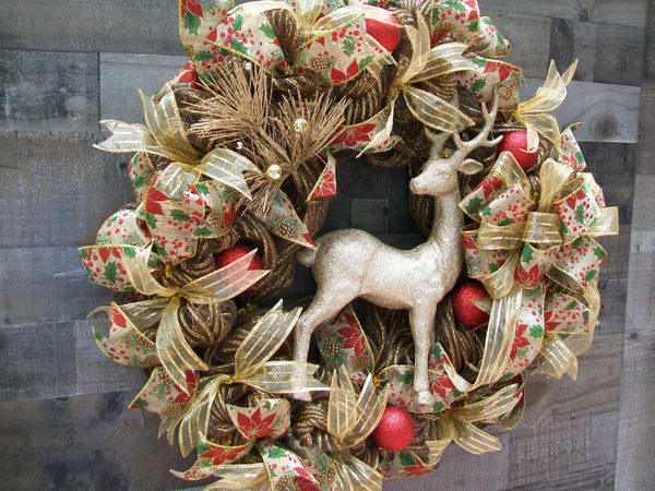 Christmas Holiday Red Gold Deer Mesh Front Door Mantle Wreath