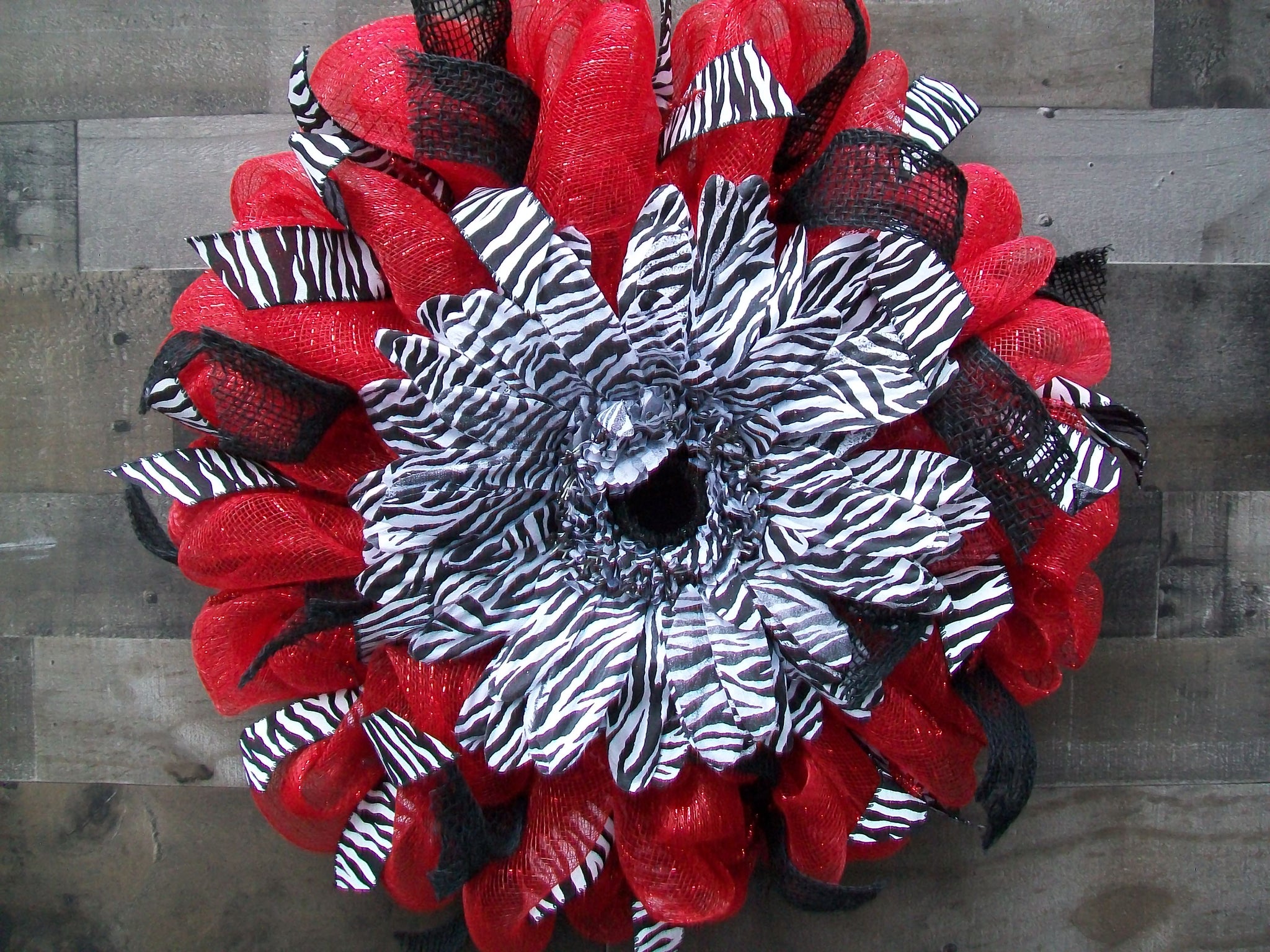 Red and Black Deco Mesh Wreath with Zebra Silk Flower