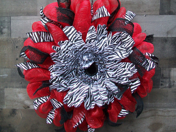 Red and Black Deco Mesh Wreath with Zebra Silk Flower