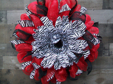 Red and Black Deco Mesh Wreath with Zebra Silk Flower